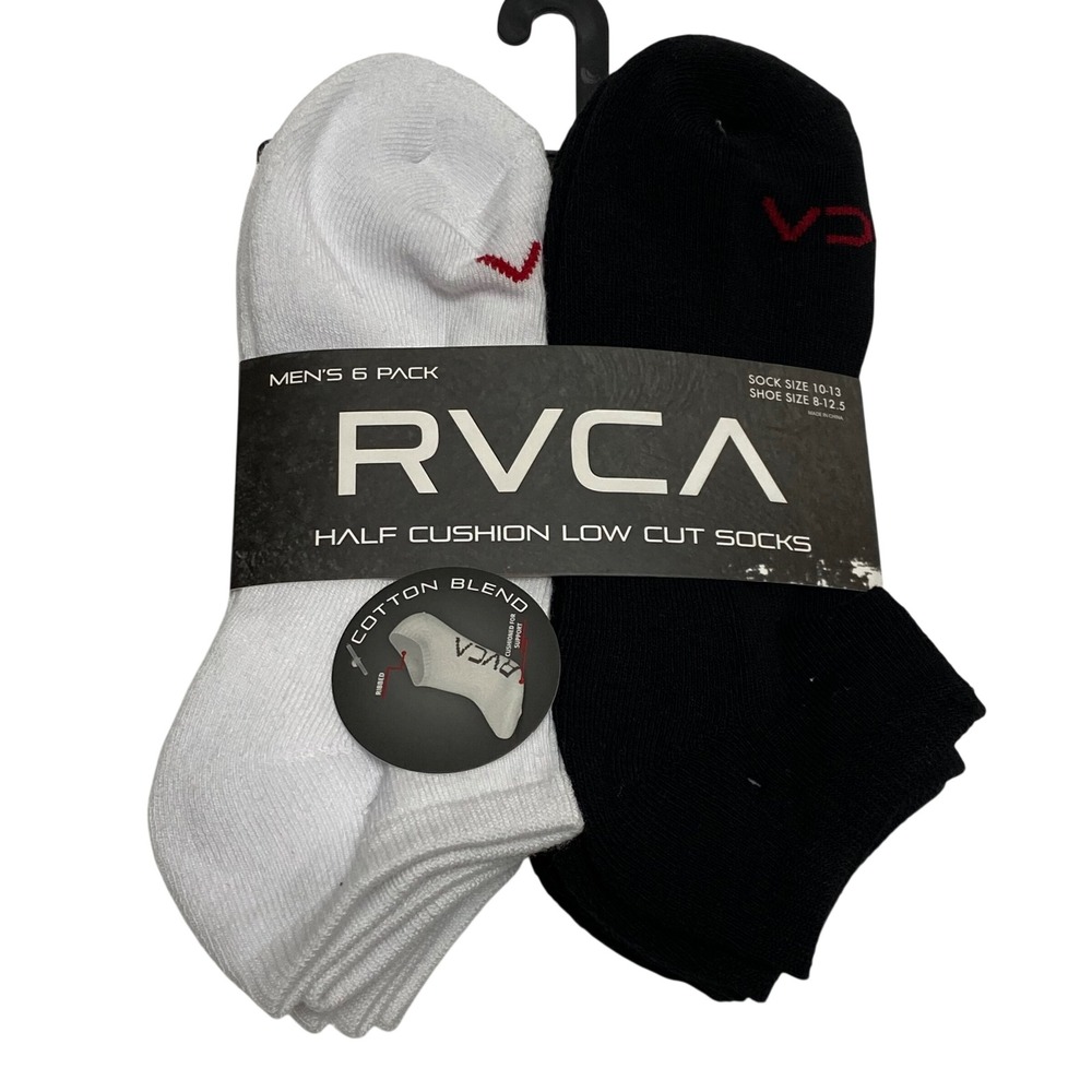 RVCA Mens‎ 6 Pack Half Cushion Low Cut Socks Black White Cotton Blend 10-13 NWT